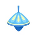 Bright blue humming top. Children toy. Classic spinning top. Plastic whirligig. Flat vector icon