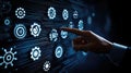 Bright blue icons light up a touchscreen as hands navigate through digital settings in a futuristic workspace filled with Royalty Free Stock Photo