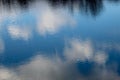 Bright blue January sky, fluffy white clouds and silhouettes of trees reflecting in the calm waters of a city lake