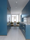 Bright blue kitchen furniture against a white wall with a living and dining room next to it Royalty Free Stock Photo