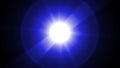 Bright blue light with flickering rays and lens flare halo appearing and dissappearing while moving by curved trajectory