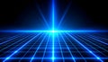 Bright Blue Neon Grid with a Central Light Source and Rays on Dark Background image photo Royalty Free Stock Photo