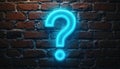 Bright blue neon question mark glows on dark brick wall. Luminous sign query, problem, solution, help, support, information need, Royalty Free Stock Photo