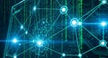 Bright blue nodes are linked by thin lines symbolizing data flow and Royalty Free Stock Photo
