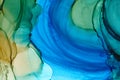 Bright blue and ocher colorful watercolor background. Hand drawn sky blue and green brush strokes, blobs, waves, layers gradient.