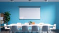 Bright blue office space featuring a large whiteboard and multiple chairs and tables, AI-generated.