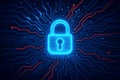 Glowing blue padlock symbol on a digital circuit board background with red and blue lines security technology Royalty Free Stock Photo