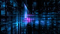 Bright blue and pink light beams intersect in a dynamic digital environment, surrounded by a myriad of floating geometric shapes