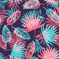 Bright blue and pink tropical leaves pattern Royalty Free Stock Photo