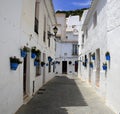 Bright blue plant-pots with Geraniums on white-washed houses, Spain Royalty Free Stock Photo