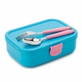 Blue Plastic Lunchbox with Pink Latch and Silver Cutlery with Pink Handles on White Background Royalty Free Stock Photo