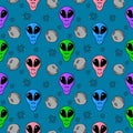 Bright blue print, multicolored masks of aliens and planets, seamless square pattern