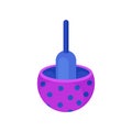 Bright blue-purple plastic humming top with polka dot pattern. Vintage spinning top. Children toy. Flat vector icon