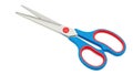 Bright blue and red handled scissors with silver blades on a white background Royalty Free Stock Photo
