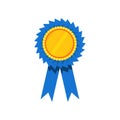 Blue ribbon award, blank golden rosette. Prize for winner. Decorative flat vector element for certificate or diploma