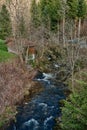 A bright blue river flowing through a forest as the sun begins to set in a hidden park along the scenic drive in