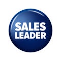 Bright blue round button with word `Sales leader`