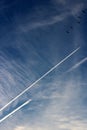 Bright blue skies with wispy cloud cover, jet streams and flock of birds flying South for Winter Royalty Free Stock Photo