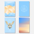 Bright blue sky and beige colored set with geometric deer and polygonal background for use in design for card, poster, banner