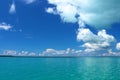 Bright blue sky with broken clouds over crystal clear blue water in Rock Sound Eleuthera