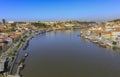 Bright day overlooking riverbanks with city life either side