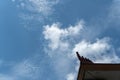 Bright blue sky with a few cumulus and alto cumulus clouds, decorated with typical Balinese house ornaments