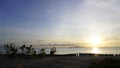 Bright blue sky with golden dawn sunrise at tropical Thailand beach coconut trees low angle shot Royalty Free Stock Photo