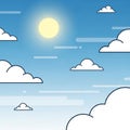 Bright blue sky illustration featuring a stylized sun and fluffy white clouds with bold Royalty Free Stock Photo