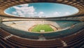 Bright blue sky over large empty soccer field with bleachers generated by AI