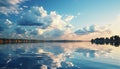 Bright blue sky reflects on tranquil water, creating a serene landscape generated by AI Royalty Free Stock Photo