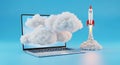 Bright Blue Sky Rocket Launching from Laptop with Fluffy Cloud Software Royalty Free Stock Photo