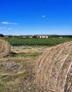 Bright blue sky, vegetables field, farm and hay bales Royalty Free Stock Photo