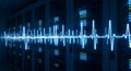 Vibrant blue sound waveform illuminates a futuristic data center with blinking server lights Royalty Free Stock Photo