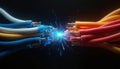 Bright blue spark leaps between multicolored electrical wires. Close up view of exposed copper strands in junction. Abstract tech Royalty Free Stock Photo