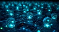 Bright Blue Spheres on Dark Circuit Board Pattern technology Royalty Free Stock Photo
