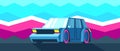 Bright car stands on pink mountains background Royalty Free Stock Photo