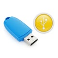 Blue USB Flash Drive and Yellow USB Symbol Icon on White Background storage memory Royalty Free Stock Photo