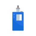 Bright blue vaporizer with small buttons and glass tank. Modern smoking device. Equipment for vaping. Flat vector icon