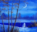 Crescent over the winter river. Watercolour sketch Royalty Free Stock Photo