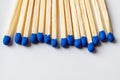 Bright blue wooden matches as a background with copy space. Row of matchsticks with blue heads over light gray surface. Several Royalty Free Stock Photo