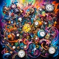 Bright bold and colorful illustration of chaos cluttered with various analog clocks and pocket watches, ai generated