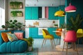 bright and bold colors bring a refreshing vibe to small apartment