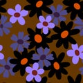 Vibrant summer floral seamless pattern of simple flat black and lilac, purple, violet flowers on orange - brown background Royalty Free Stock Photo