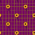 Bright botanic seamless pattern with yellow folk flower elements. Purple chequered background. Spring backdrop Royalty Free Stock Photo