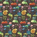 Bright botanical pattern, with chameleons illustration Royalty Free Stock Photo