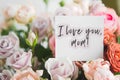 Bright bouquet of colorful roses with white card with the inscription i love you mom, concept of congratulations Royalty Free Stock Photo