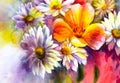 Bright bouquet of spring flowers oil painting.