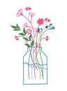 A bright bouquet of wild flowers in a glass jar on a white background. Spring flowering. Minimalist postcards for