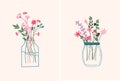 A bright bouquet of wildflowers in a glass jar on a pastel background. Spring flowering. Minimalist postcards for
