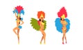 Bright Brazilian Female Samba Dancer Posing in Feathered Costume Vector Set Royalty Free Stock Photo